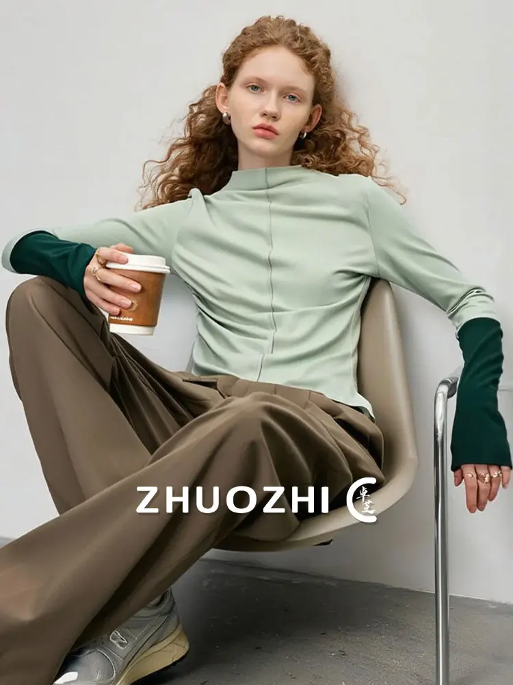 

Новая весенняя женская футболка Color Blo Casual с высоким воротником, асимметричными складками и французским кроем ZhuoZhi, приталенная