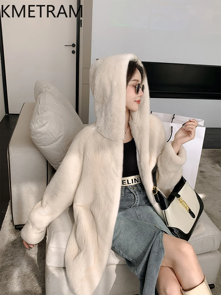 100% 순수 밍크 퍼 코트 여성 고급 중간 길이 리얼 퍼 재킷 후드 고품질 겨울 여성 의류 퍼 재킷 2025