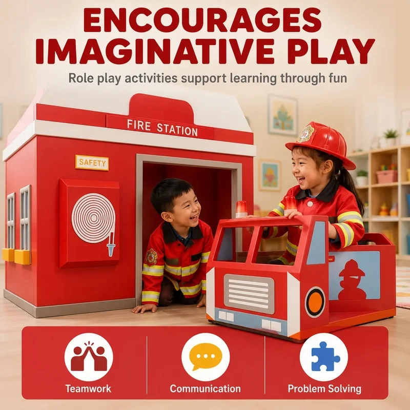Kids Fire Station Role Play House Indoor Playground Equipment Soft Play Pretend Play Firefighter Playhouse for Play Cafe Daycare