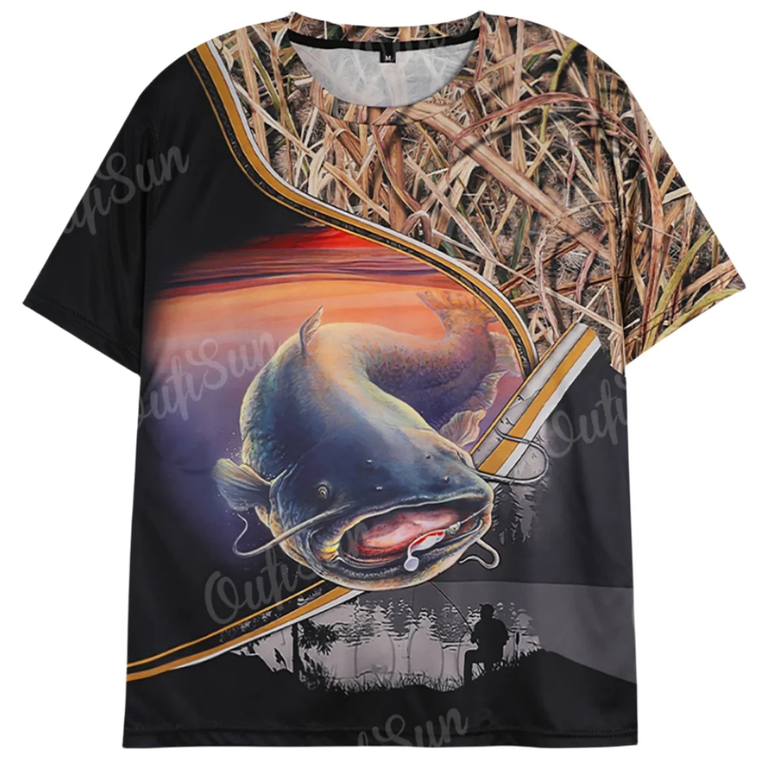 Summer Carp Fishing Print T-shirts For Men Outdoor Catfish Printing Loose  Short Sleeve Quick Drying Tee Shirt Casual Street Top