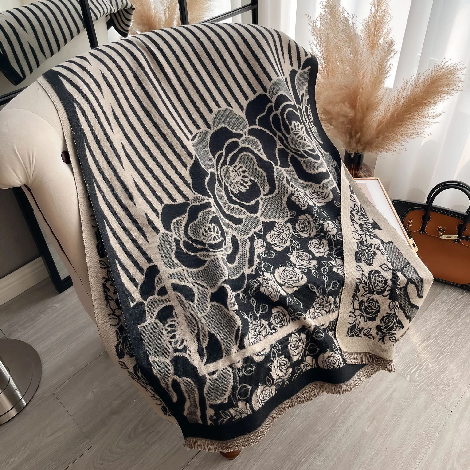 Camellia Double-sided Scarf pashmina Cashmere Travel Blanket Shawl Comfortable Wrap Shawl Autumn Winter Elegant Coldproof Warm