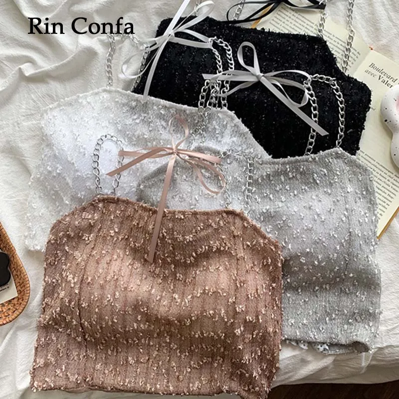 

Rin Confa Summer Women Sexy Tank Top Chain Sling New Frenulum Bow Sweet Tops Fashion Sleeveless Strapless Ruched Slim Crop Top