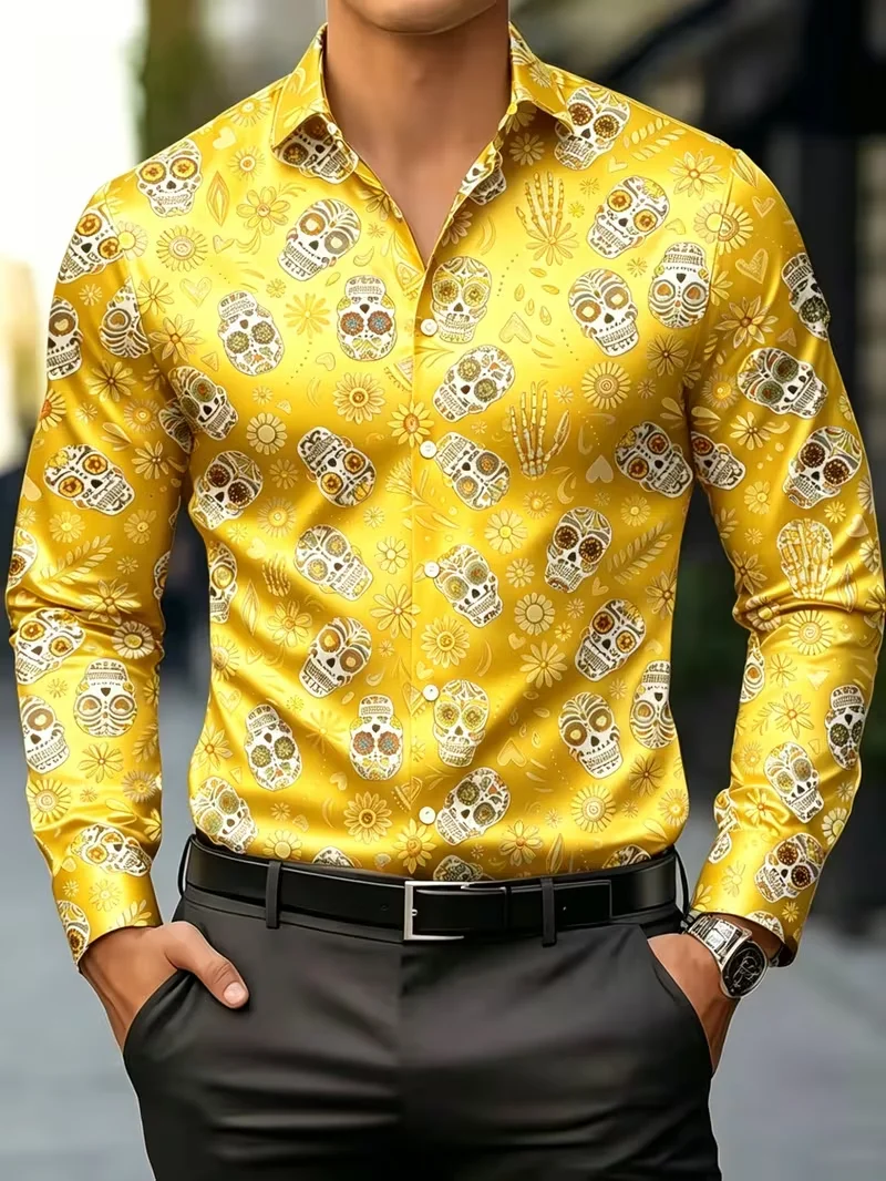 New Skeleton Daisy Composite Printed Long Sleeve Shirt with Smooth Drop and Satin Collar for Men's Festival Top
