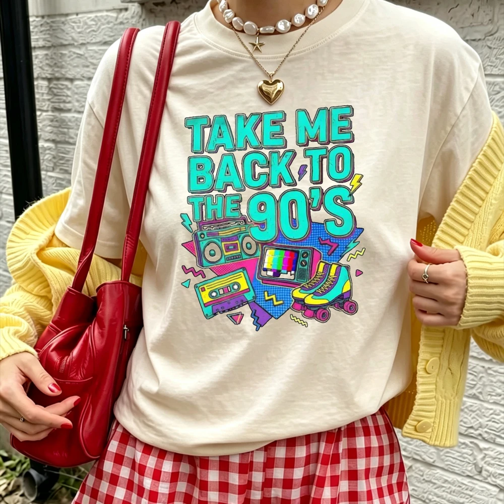 Retro 90s Boombox Cassette Tape Graphic Tee Oversized Crew Neck Black Neon Take Me Back To The 90S Womens Decades Top