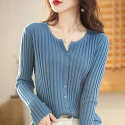 Women Spring Knitted Cardigan Round Neck Wool Warm Coat Fashion Simple Versatile Solid Color Sweater Simple Top