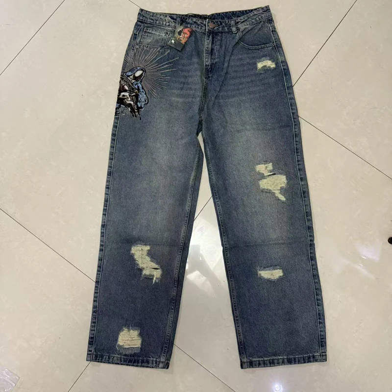 بنطلون جينز Derschutze ممزق ومطرز بأرجل مستقيمة Y2K للجنسين من ماركة DERSCHUTZE من قماش الدنيم #2