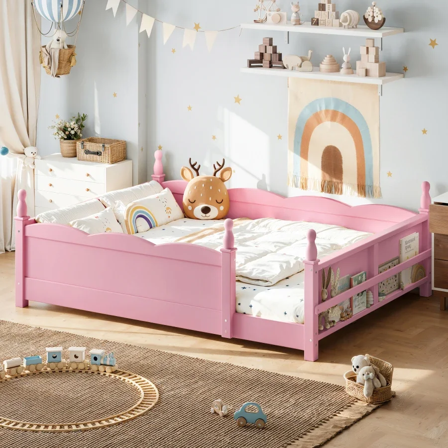 Full Floor Bed with Full-Length Guardrails. Montessori Floor Bed With Beside Book Shelf, Childlike Design, Pink Easy Assembly