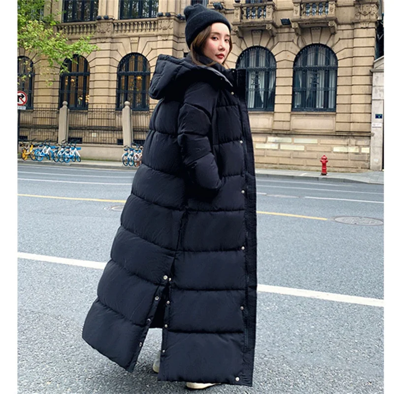 2023 Winter Down Cotton Jackets Womens Clothing Side Button Long Parkas Hooded Warm Winter Coats Female Black Overcoats fp435