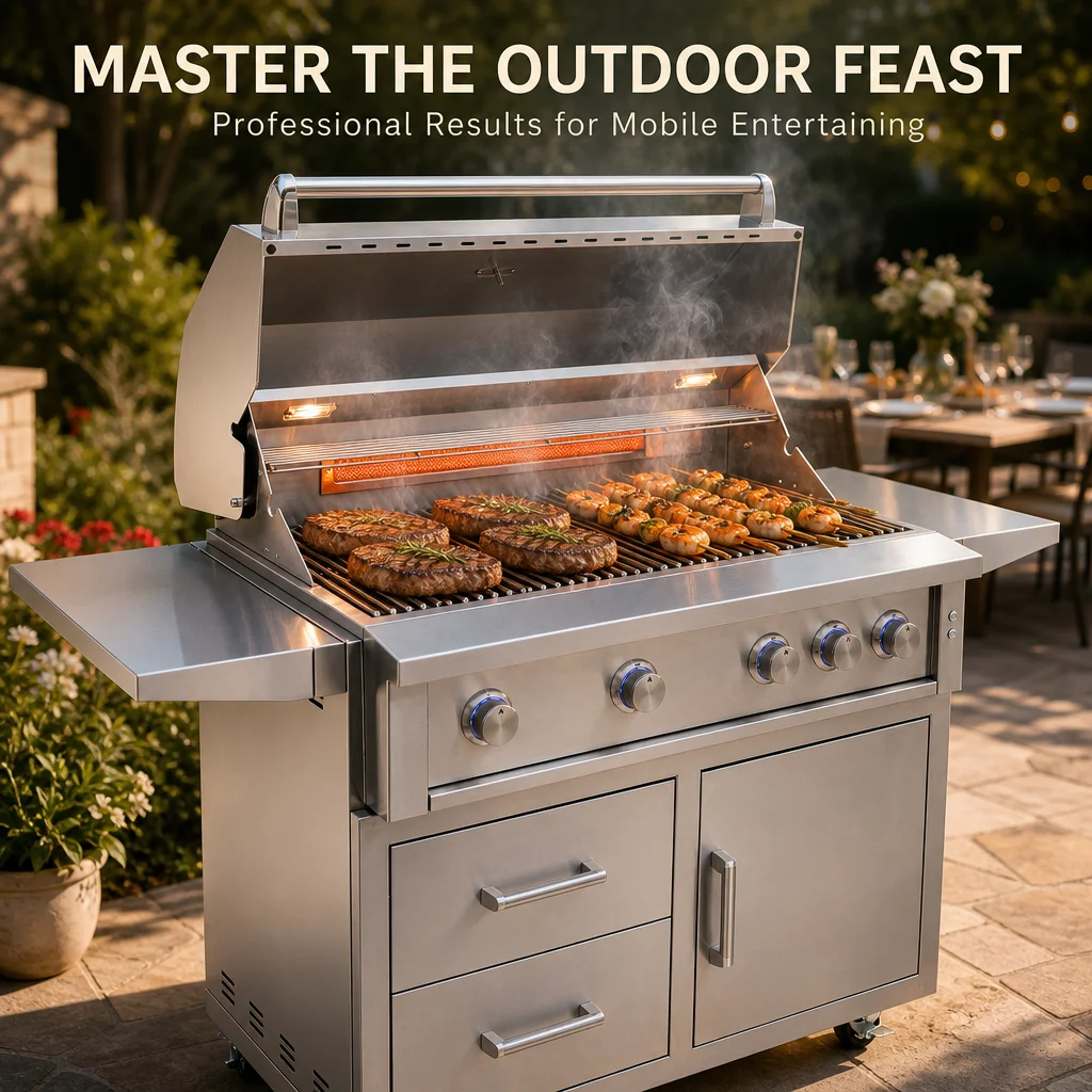High Performance Modern Premium Stainless Steel 4 Burner Freestanding Barbecue Grill with Panoramic Window Heavy Duty Wheels