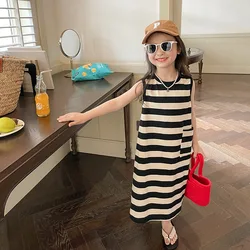 Girls Korean Style sleeveless long style dress Kids striped cotton loose dress