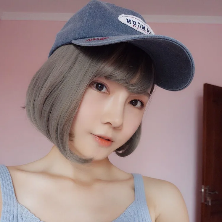 Synthetic Japanese Korean wigs women short bob haircut with (silver-gray) color bangs short straight hair bob cut, full head wig