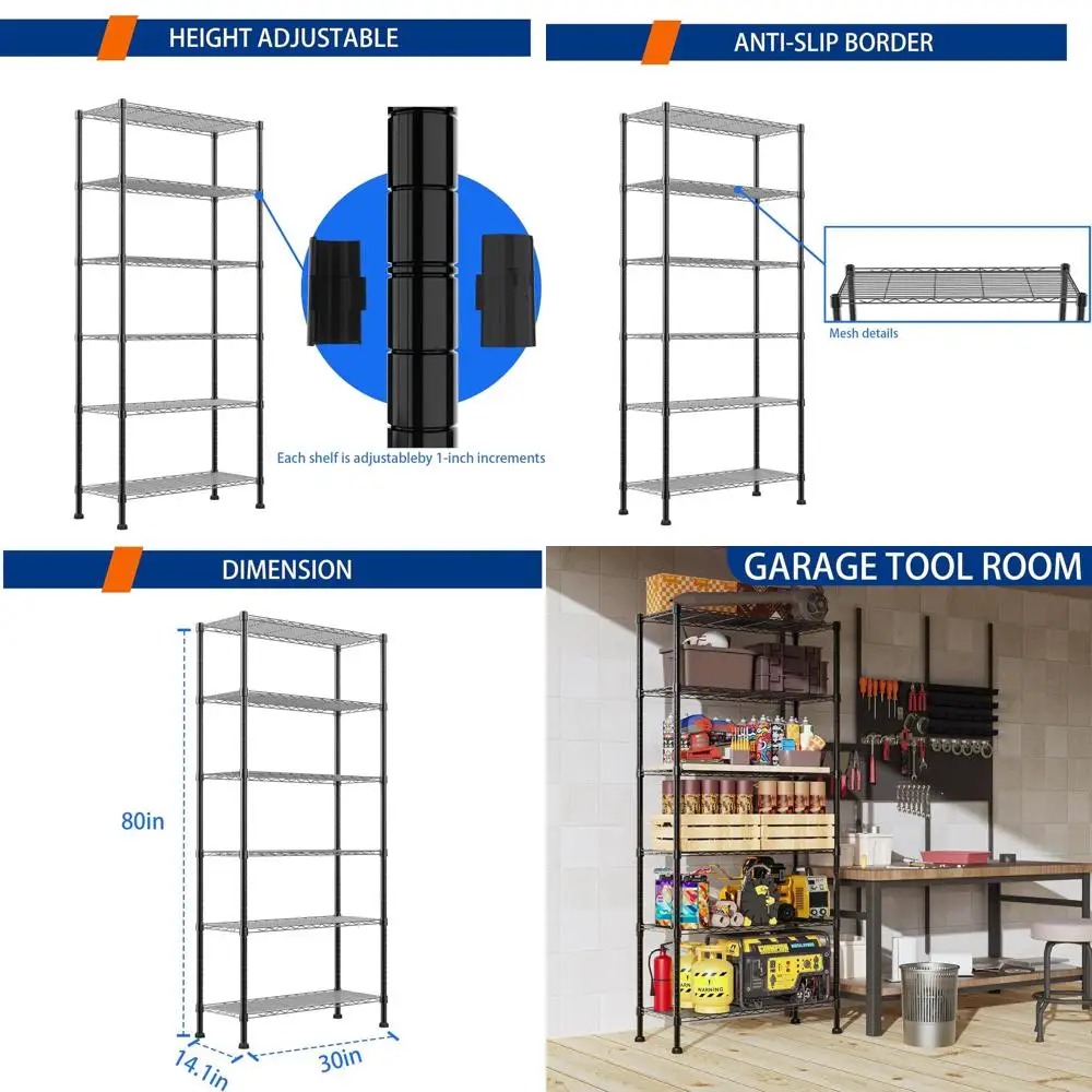 

Adjustable Metal Storage Shelving Unit for Kitchen, Laundry, and Closet (Black, 14.1D x 30W x 80H)