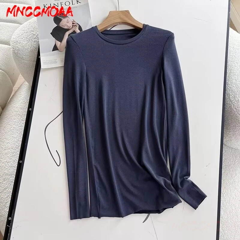 T Shirt Women 2024 Autumn Fashion Loose Round Collar Tops Female Solid Color Casual Long Sleeves Tee