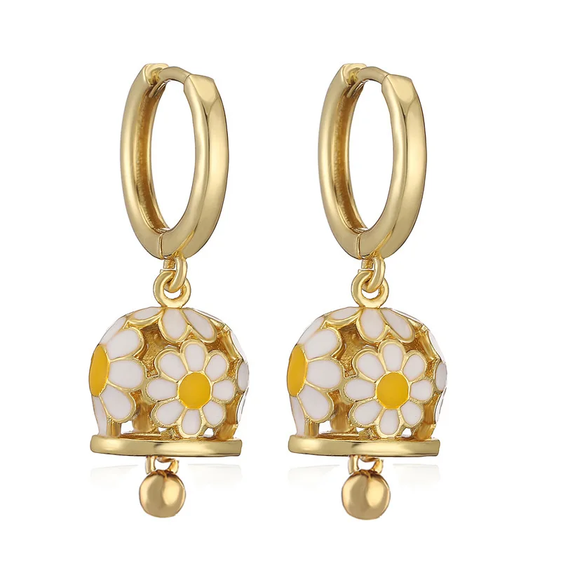 

Earrings for women, plated with 18k gold, colorful crystal zircon, enamel bell, daisy, trendy jewelry, couple gift