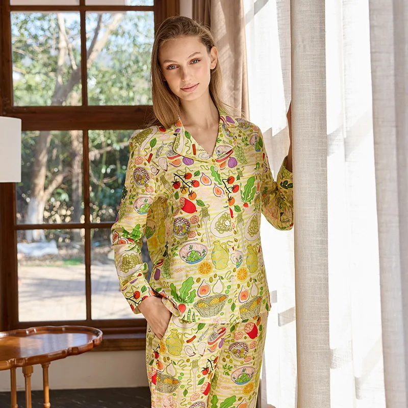 

Mediterranean Food Print Pajamas Set Women Cotton Sleepwear Fruit Veggie Nightwear Long Sleeve Pjs Casual Homewear 2 Piece Set