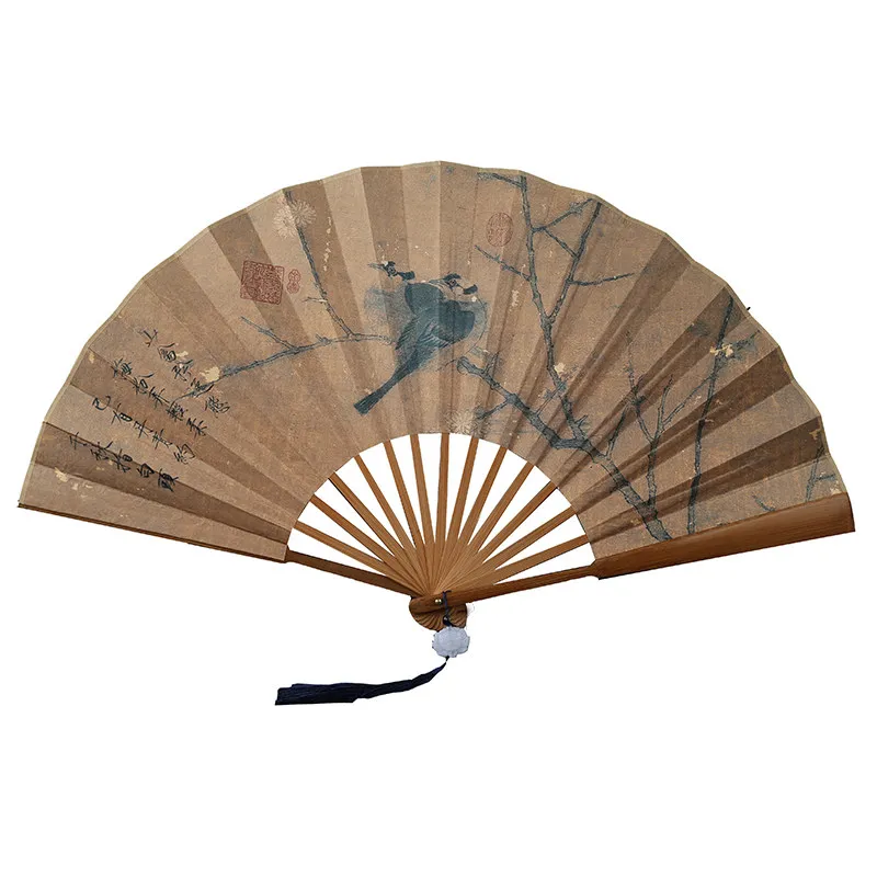 Handmade Bamboo Bone Silk Folding Fan with Bamboo Frame Landscape Bird Flower Painting Daily Fan Chinese Style Art Gift Set