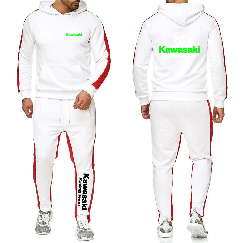 Spring Autumn Man Two-piece Set Solid Color Sets Kawasaki Motorcycle Racing Logo Print Cool Hoodies+Sports Pants Fashion Suits