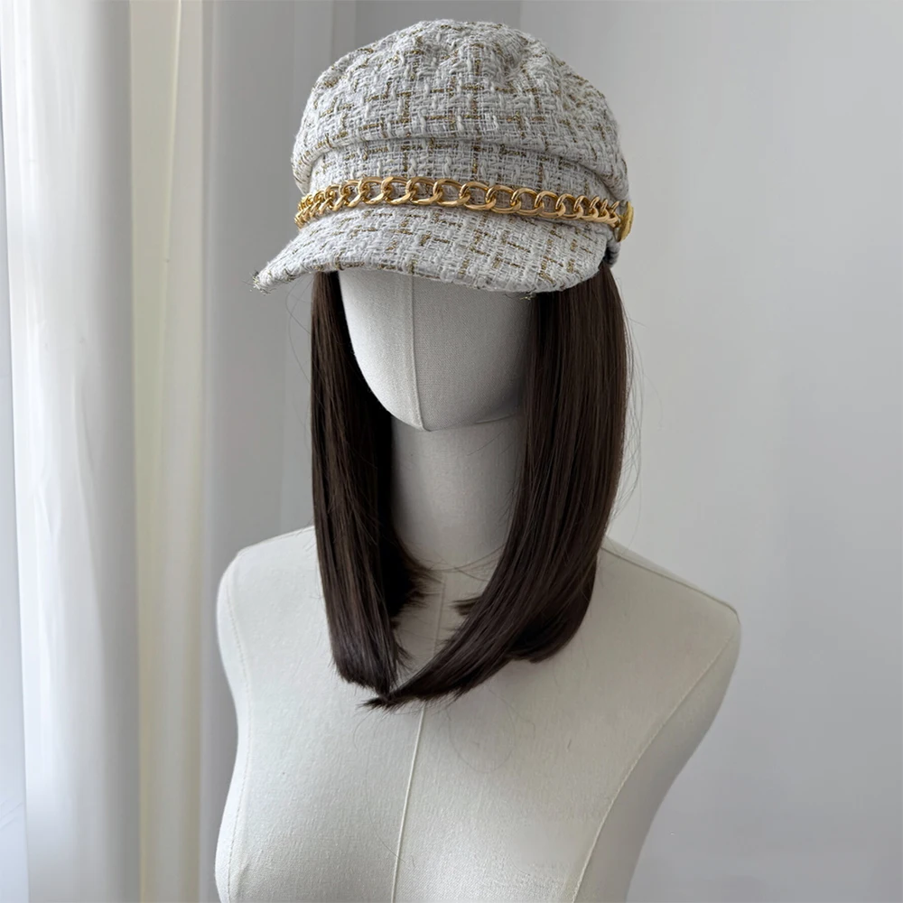 Hat Wigs 10 Inch Short Straight Hair Wigs With Tweed-Plaid-Newsboy Fiddler Cap Hat With Synthetic Hair Attached Women For Daily
