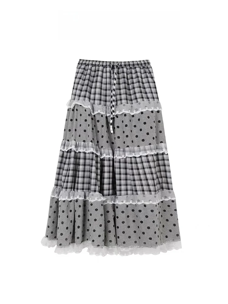 

Seasonl Lace Plaid Splice f Skirt Women's Autumn Design Flared A-Line Cake Midi Skirt Retro Commute High Waist Loose Fit