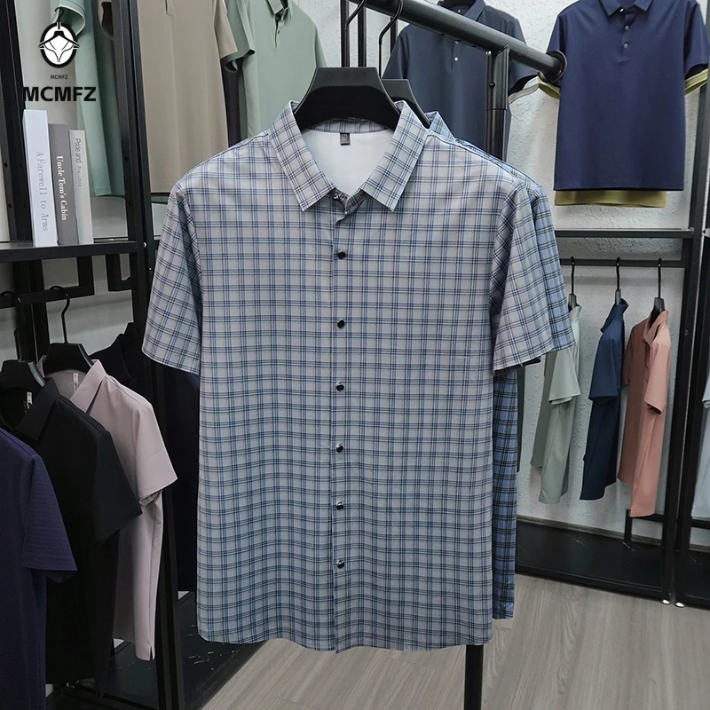 

Men Plaid Short Sleeve Shirt Wrinkle Resistant Ice Silk Business Casual Button Up Tops For Men Office Work And Daily Wear