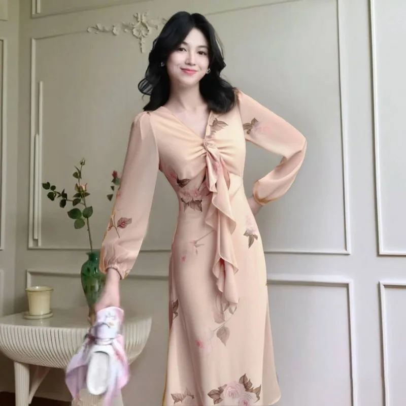 Women Floral Print V Neck Dress Long Puff Sleeve Bow Ruffle Midi Dress Elegant Date Party Casual Dresses