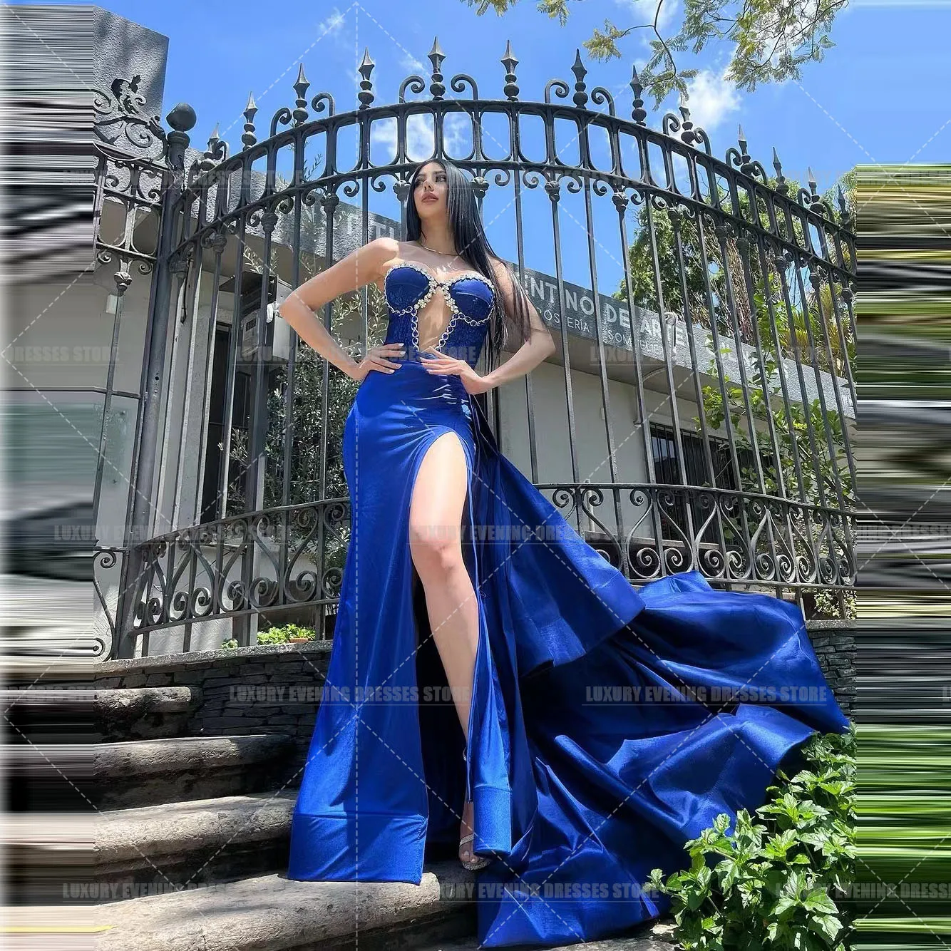 Elegant Blue Evening Dresses Mermaid Woman's Sexy Hollow Sequined Satin Fashion Party Prom Gowns Vestidos De Fiesta Customized image 2