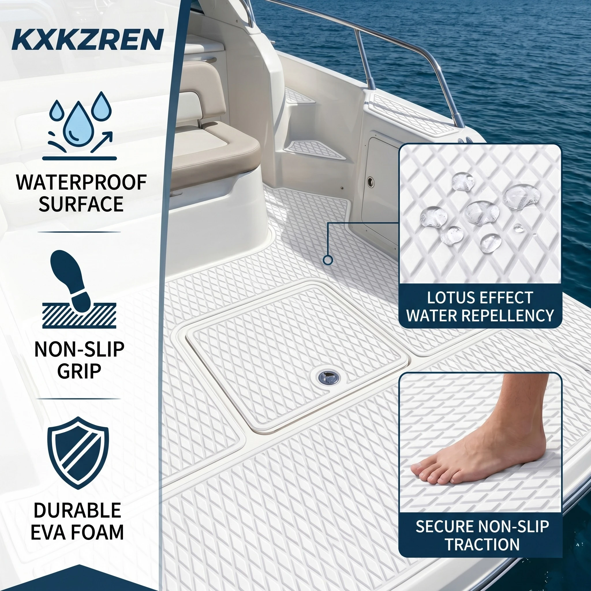 KXKZREN 1200x550mm Diamond EVA Foam Boat Flooring Pad Marine Decking Mat Non-Slip Self-Adhesive Surfboard Jet Ski Traction Pad