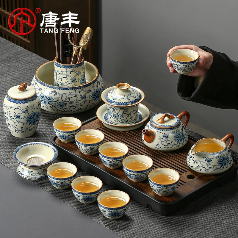 Tea set ceramic underglaze color gradual change of color high-end desktop ornaments home blue and white light luxury teapot cup