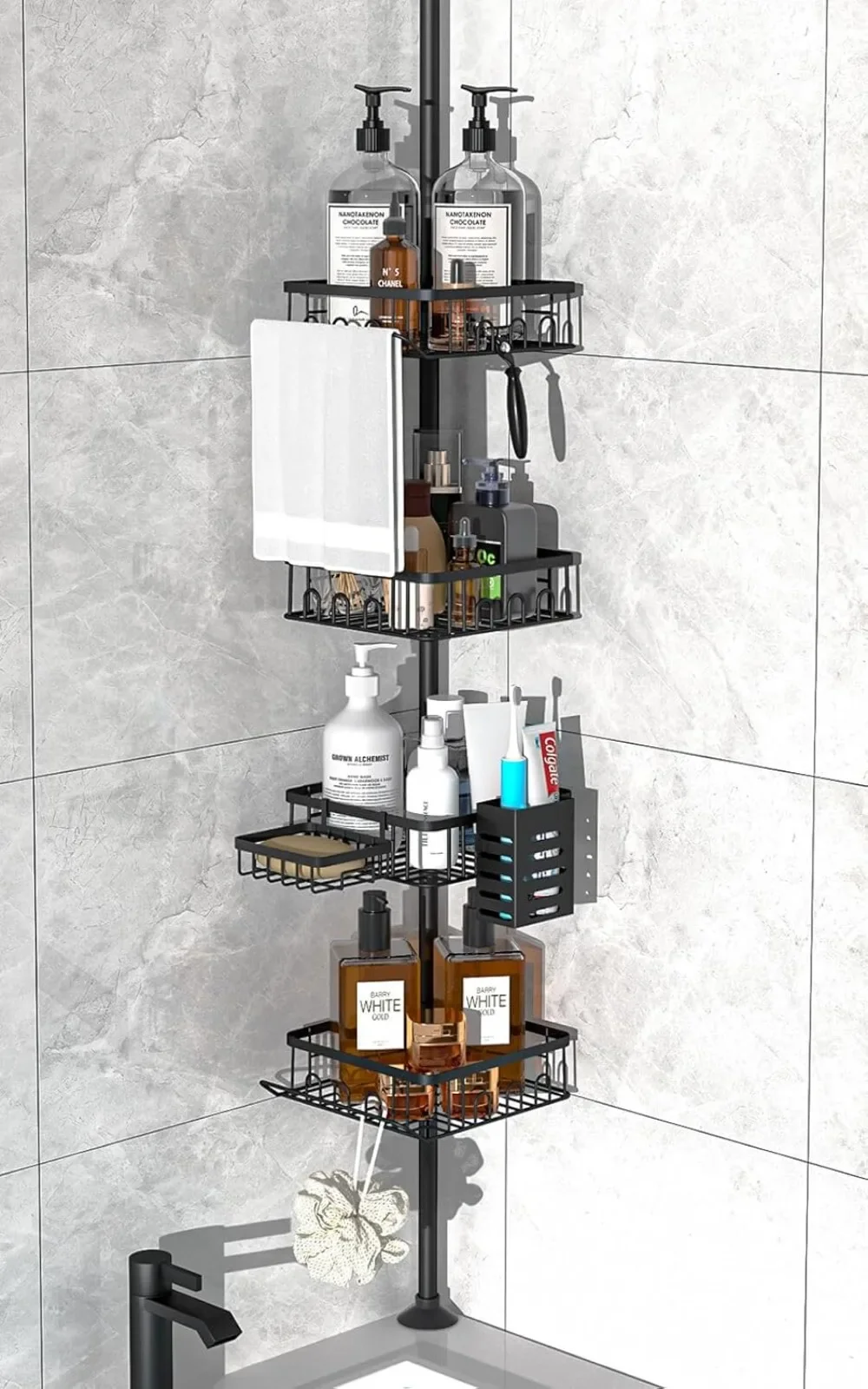 

Shower Caddy Corner,Rustproof 4 Tier Adjustable47to 104 Inch Corner Shower Caddy Tension Pole,Floor Standing Bath Rack with Rod