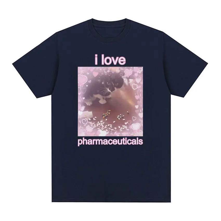 I Love Pharmaceuticals 귀여운 고양이 밈 그래픽 티셔츠, 재미있는 남녀공용 상의, 반팔 티셔츠, 100% 면, 오버사이즈 티셔츠