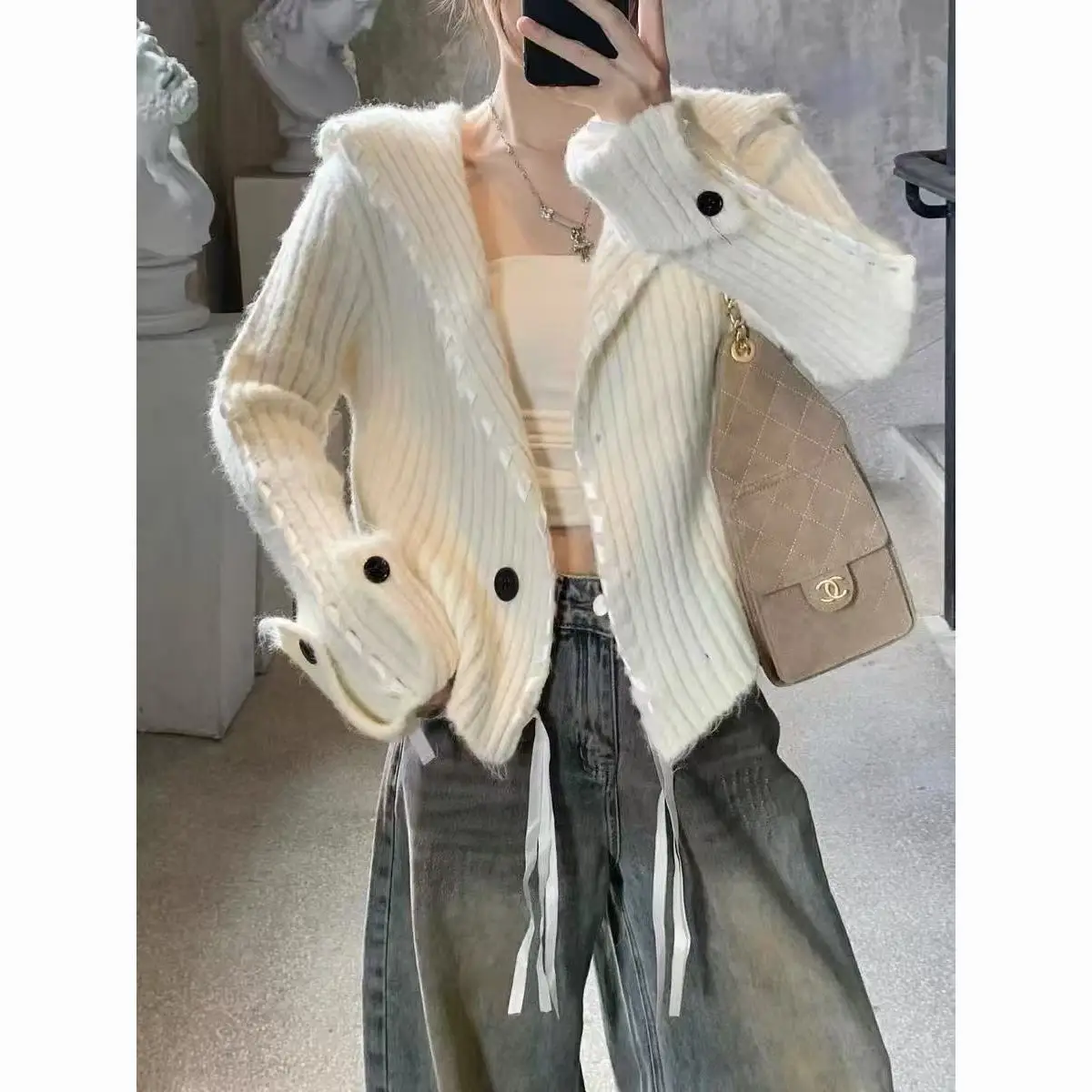 Kimotimo Korean Style Big Collar Tie-Front Knit Cardigan Women Autumn Winter Loose Short Lazy Soft Sweater Outerwear