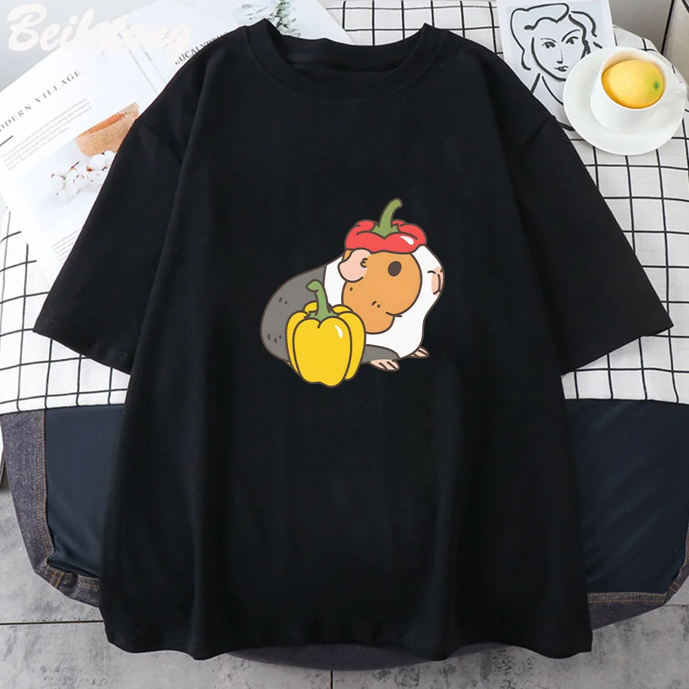 Camiseta clásica con estampado de tomates y conejillos de indias, campana, pimienta, cereza, estampado Kawaii de dibujos animados Harajuku, ropa de verano con personalidad para mujer