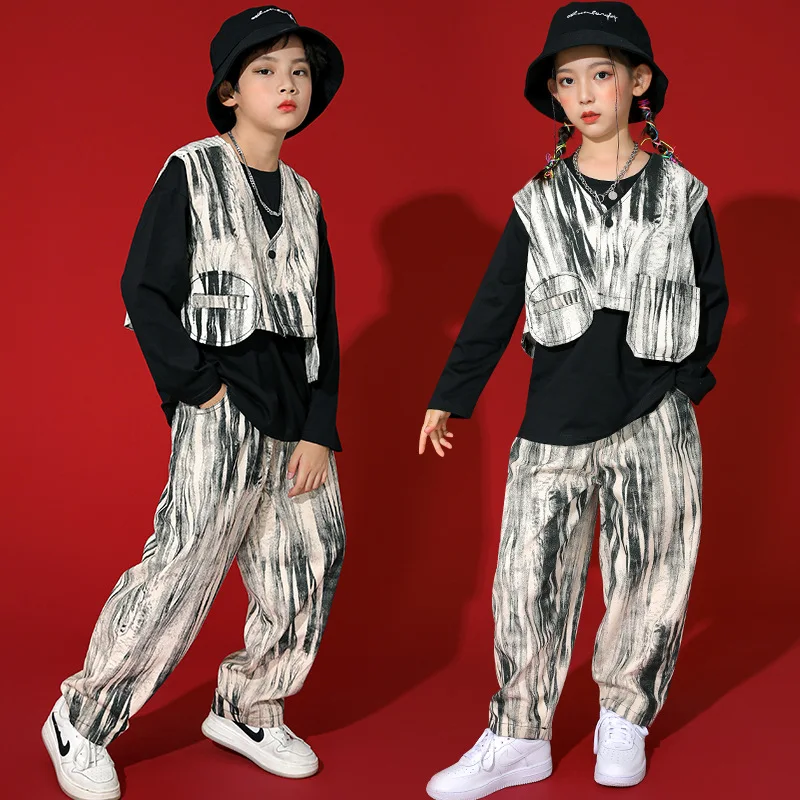 Ropa de Hip Hop para niño y niña, chaqueta sin mangas con estampado de Kpop, chaleco con bolsillo, Top, ropa de calle, pantalones, disfraz de baile de Jazz