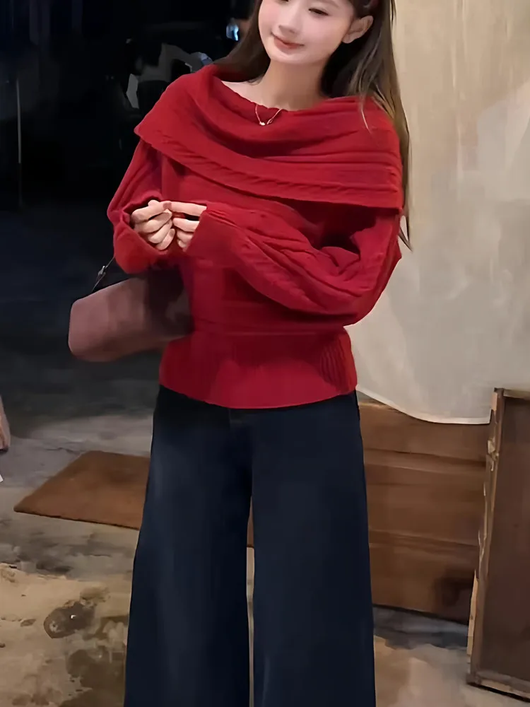 

Red Knitted One-oulder Twist Sweater Women's New Year Cisas Gentle Sle Loose Fit Long Sve Warm Top Casual Wear