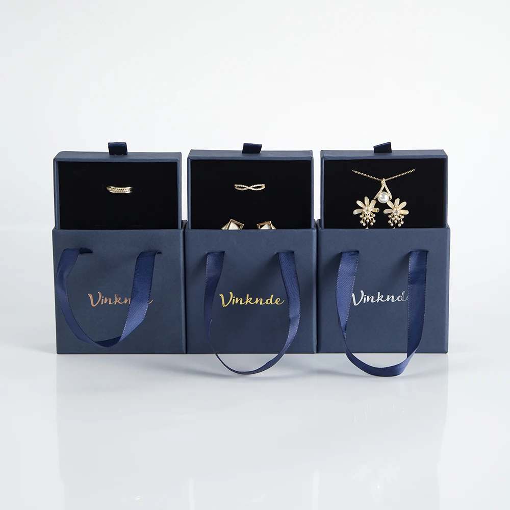 50pcs Paper Box Custom Logo Jewelry Drawer Box Tote Blue Carton Small Necklace Earrings Ring Jewelry Packaging Box Bulk