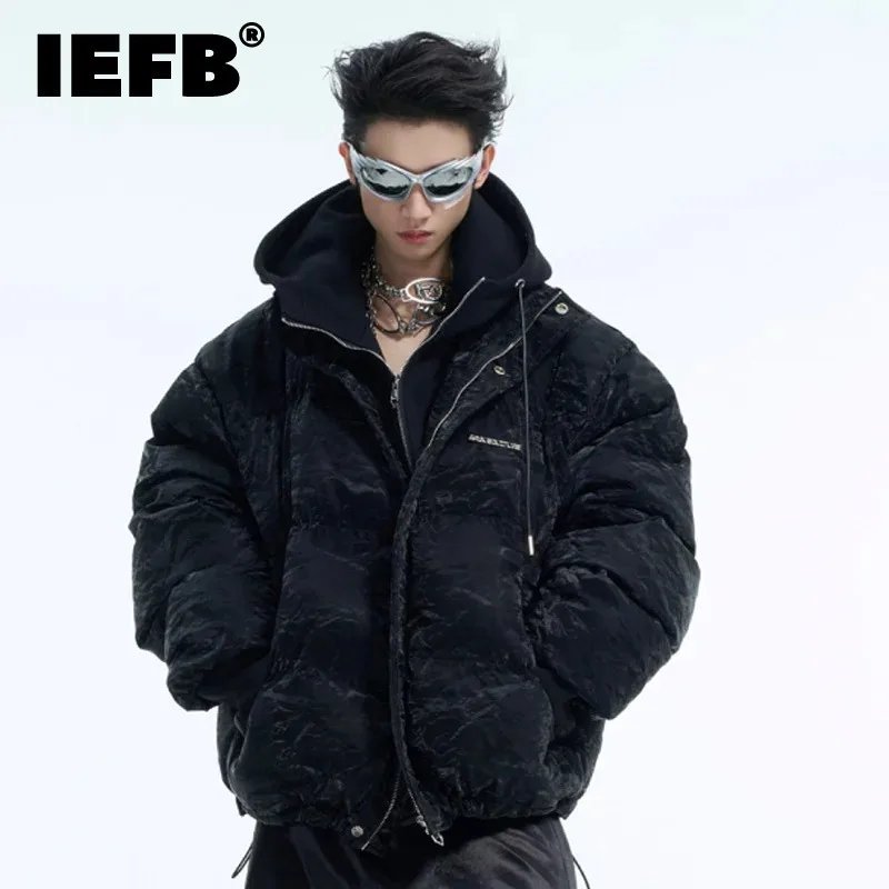 IEFB New Winter Men\'s Padded Jackets Fake Two-piece Plush Thick Cotton Hooded Splicing Design Fashion Zipper Male Coat 24E5177