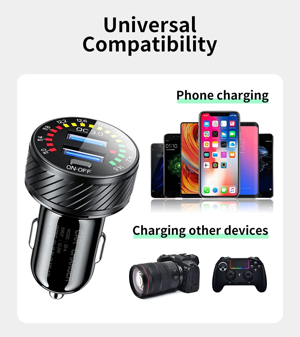 Car Charger 36W Fast Car Charger Adapter QC3.0 Dual USB Car Charger Fast Charge with Colorful Voltmeter ON/Off Switch For iPhone