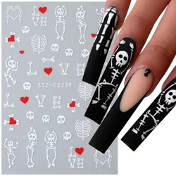 2pcs 3D Skeleton Nail Stickers White Skull Bones Heart Designs Cute Halloween Nail Art Decals Adhesive Sliders Manicure Decor