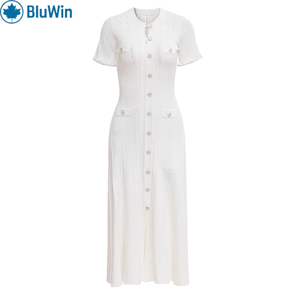 

BluWin Elegant White Button-Down Maxi Dress – Short Sleeve with Pocket Details for a Classic, Feminine Look