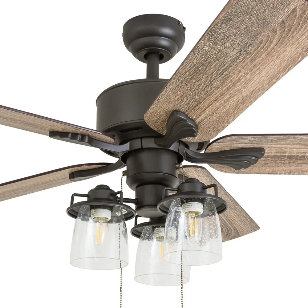 2-inch farmhouse LED ceiling fan with light, zipper, three installation options, 5 reversible motors with dual facing blades