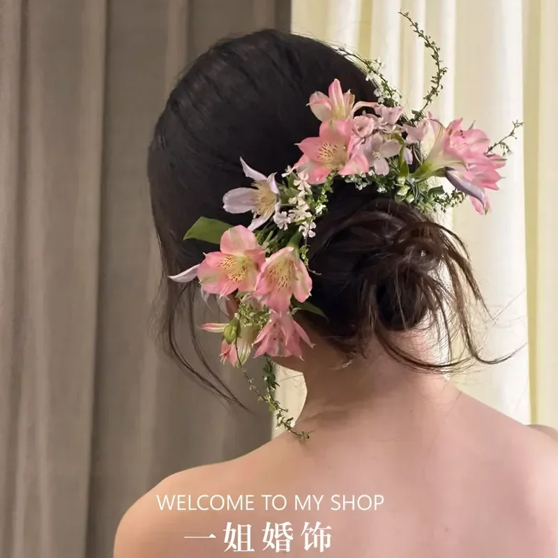 New Mori simulation flower hair accessories super fairy pink flower hairpin hair accessories atmosphere bride photo wedding head