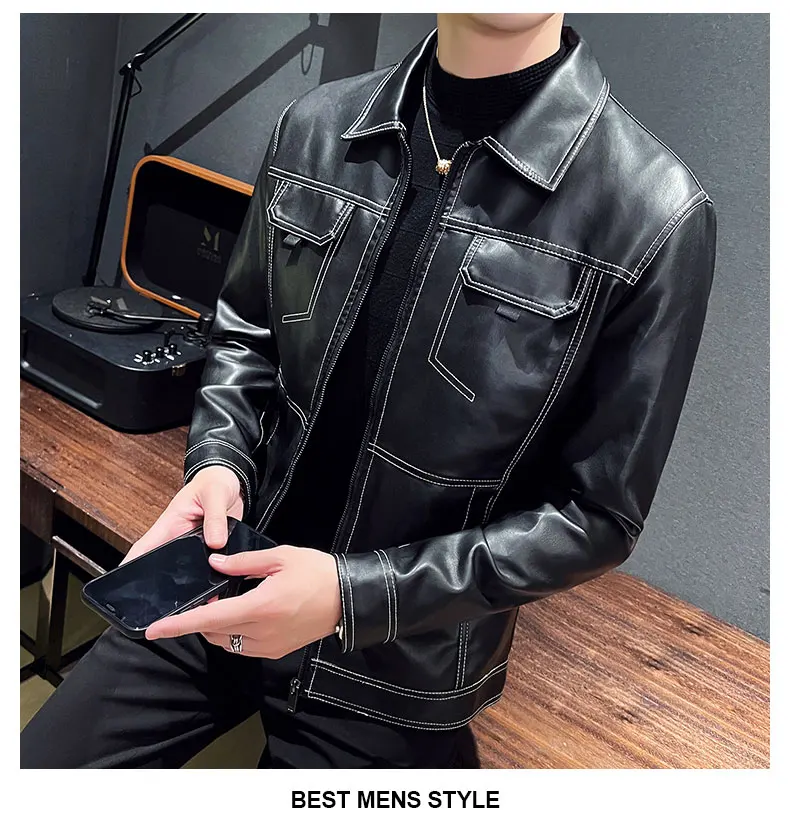 Men's Motorcycle Leather Jacket Stand Collar Solid Black PU Top Trend Windproof Streetwear Faux Leather Coat Spring Autumn Style