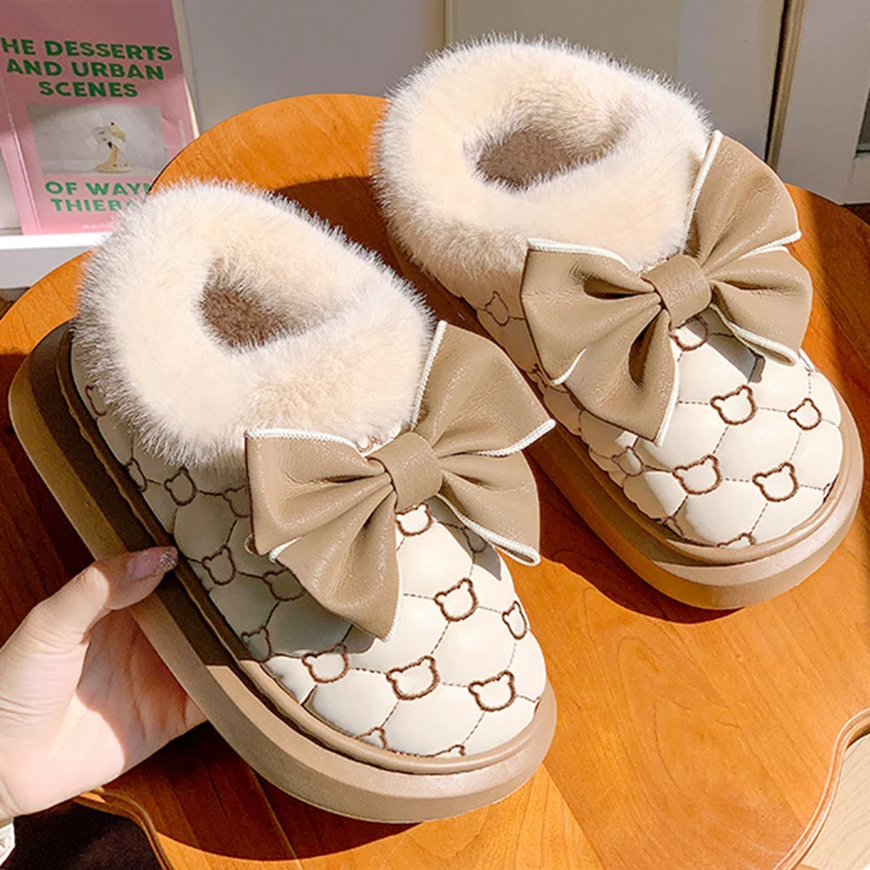 High-looking Bow-knot Waterproof Cotton Shoes for Women with Bag Heel and Winter Indoor Velvet Non-slip Platform Cotton Slippers