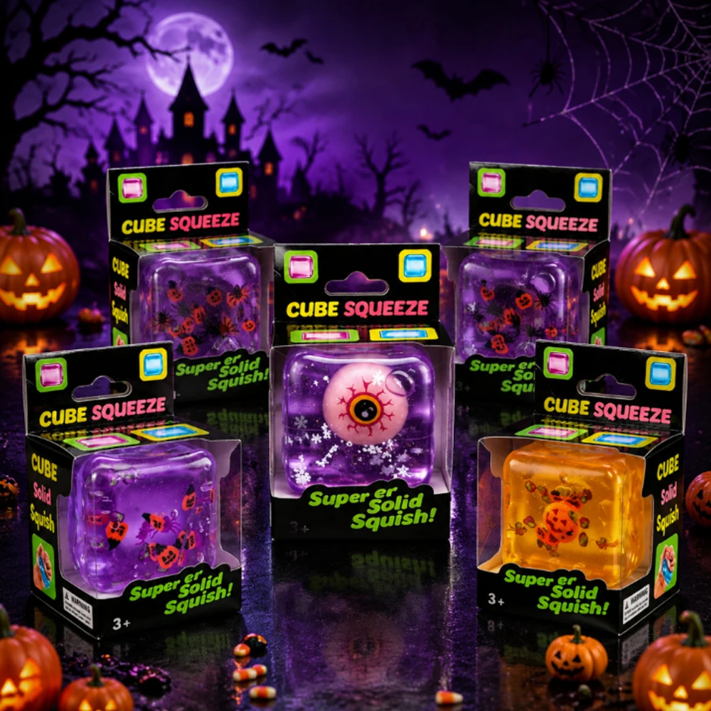 Halloween Surprise Cube Squeeze Fidget Toy Solid Squish Squeeze Toy with Hidden Halloween Mini Figures Anti-Stress Sensory Toy