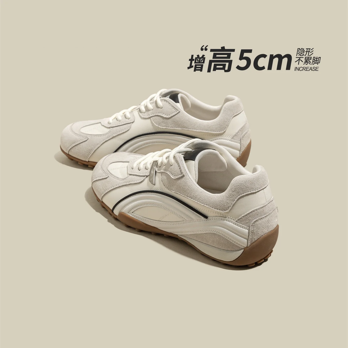 5CM Hidden Height Increasing Silver Retro Sneakers for Women Lace‑Up Non‑Slip Gum Sole Platform Casual Walking Shoes