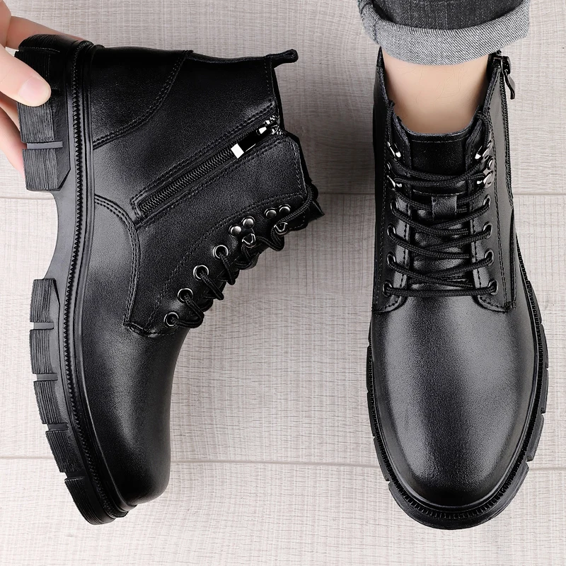 Nuevas botas altas clásicas de terciopelo negro para hombre, botas altas cálidas a la moda con cordones y cremallera lateral, botas cómodas para motocicleta para hombre