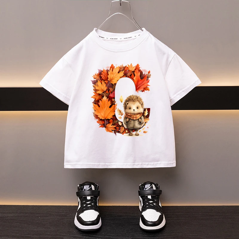 T-shirt à Manches Courtes avec Lettres C et Feuilles d'Érable pour Enfant, Vêtement Kawaii, Dessin Animé, Décontracté, pour Garçon et Fille, Nouvelle Collection 2024