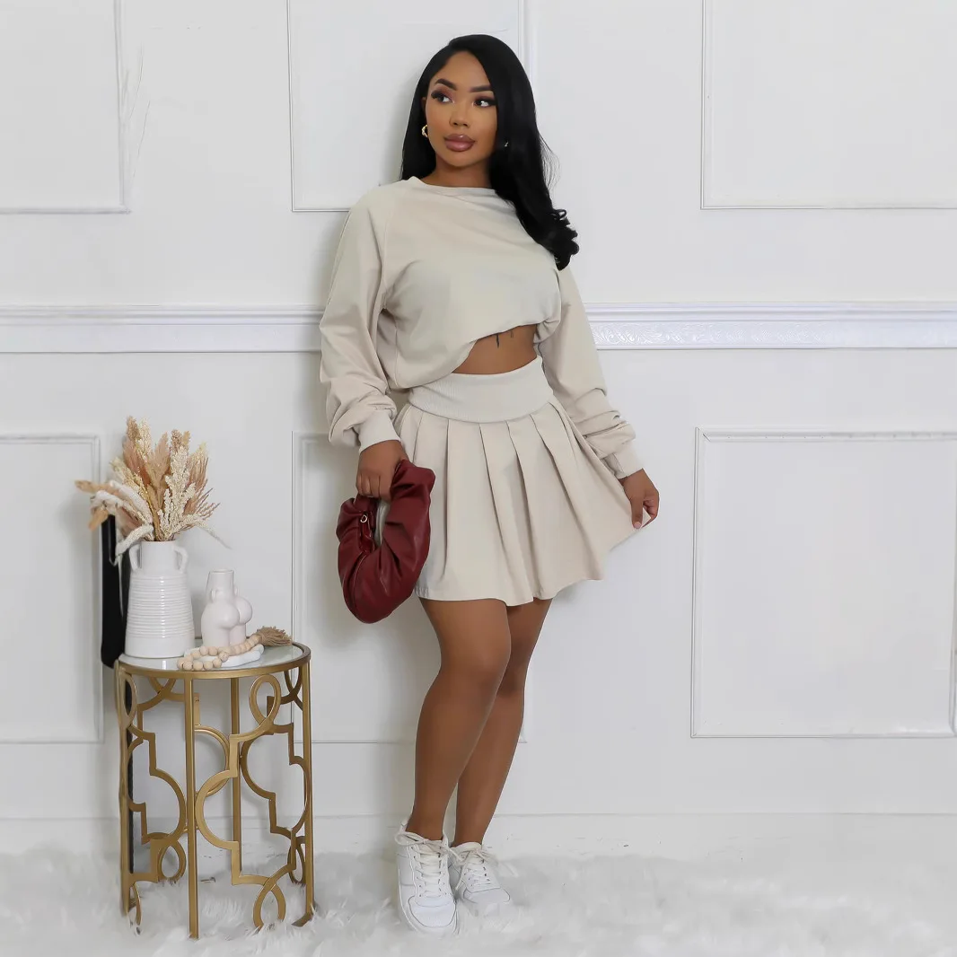 Prowow ファッションソリッドカラートレーナースカートツーピース女性服セット 2025 新着トレンドスリムフィットストリートスーツ