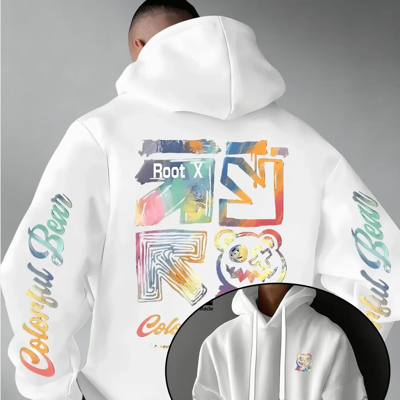 Men Thick Warm Hoodie Rainbow Splash Graffiti Root X Bear Colorful Bear Sleeve Text Print Urban Street Daily Commute Pullover
