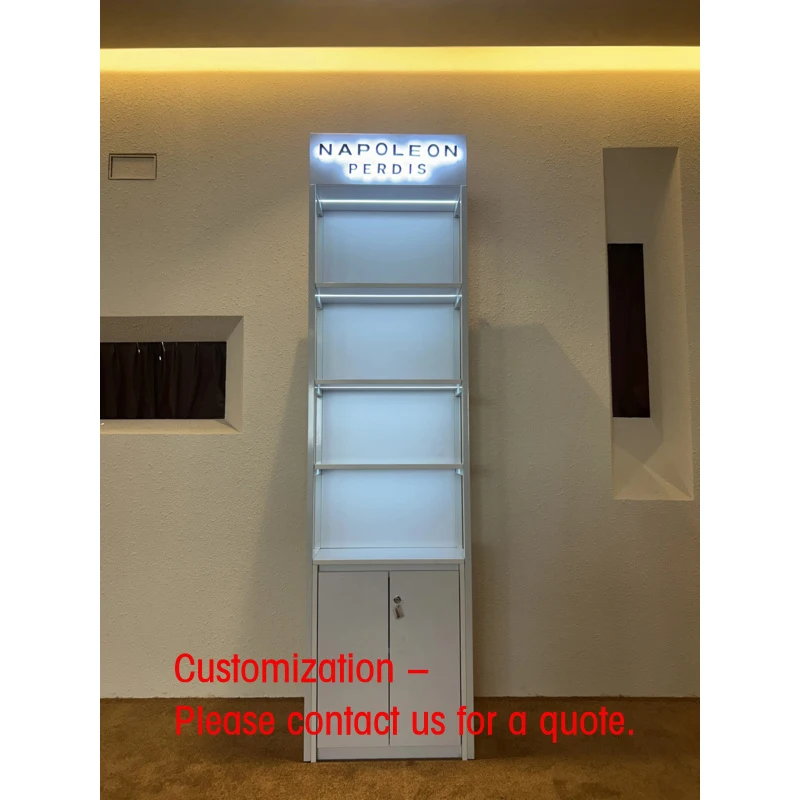 custom.Narrow Luxury Metal LED Cosmetic Display Cabinet with Backlit Shelves Customizable Dimensions & Retail Showcas